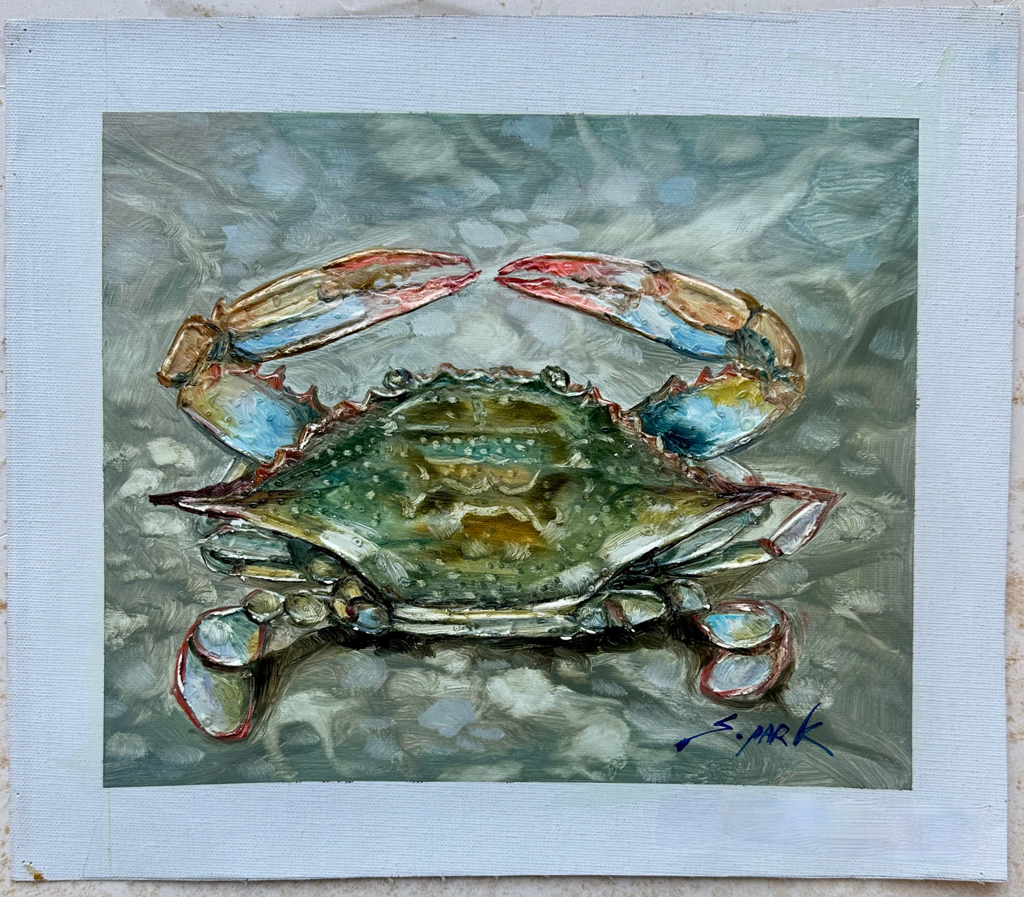 Blue Crab Painting – Textured Coastal Still Life, unstretched, by S. Park