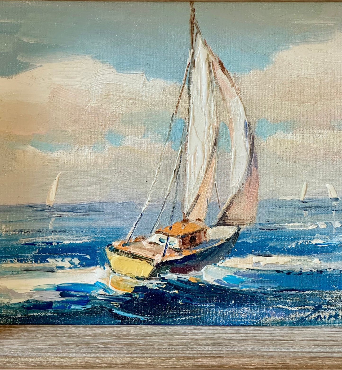 Sailboat Seascape Waves Original Oil on Canvas, by Alton (framed)