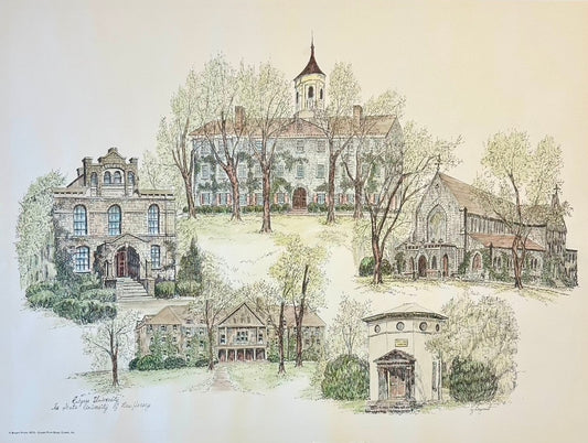 Rutgers University Campus Print by Liz Bryant – Hand-Colored Architectural Illustration, 24” X 18”