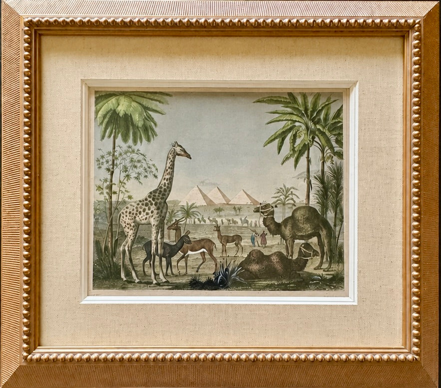 African Safari with Giraffe, Camel & Giza Pyramids – Antique Engraving by Johann Georg Heck, 1852, Custom Framed