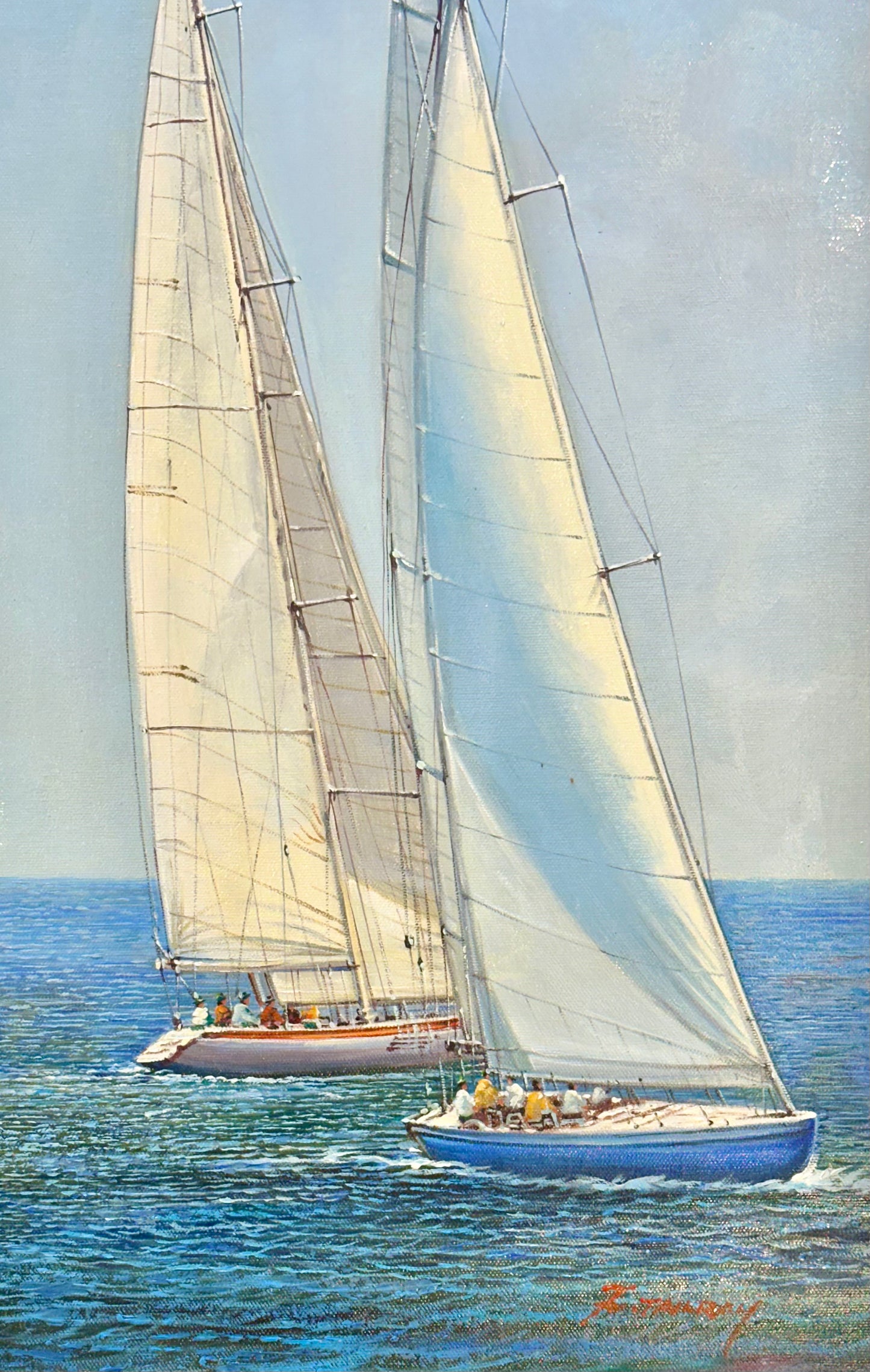 Sailboat Racing Nautical Yacht Scene  – Original vertical painting by Tailroy, unstretched (12.5" x 25")