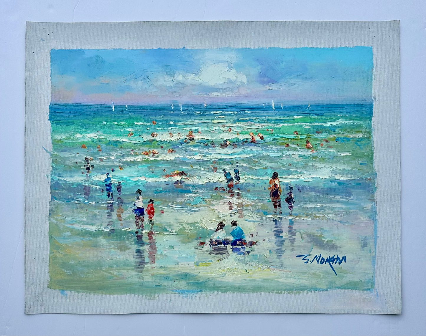 Modern Coastal Beach Seascape Sunset Oil Painting on Canvas, Unstretched, by J. Morgan