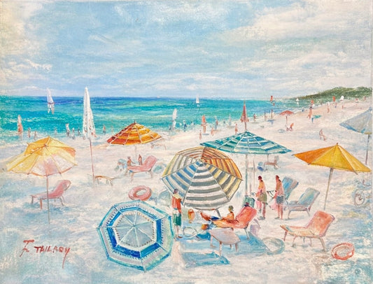 Original Beach Seascape Oil Painting – Colorful Umbrellas Coastal by Tailroy – 12" x 16"