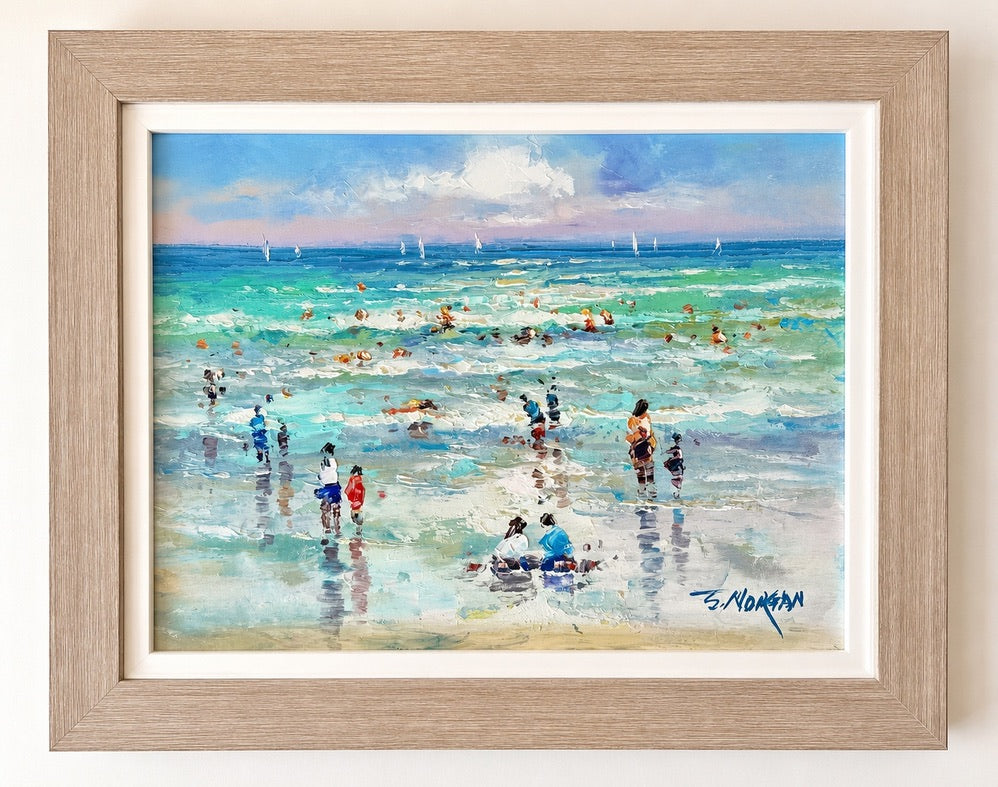 Beach Day Along the Shore, Original Framed Oil Painting on Canvas, by J. Morgan