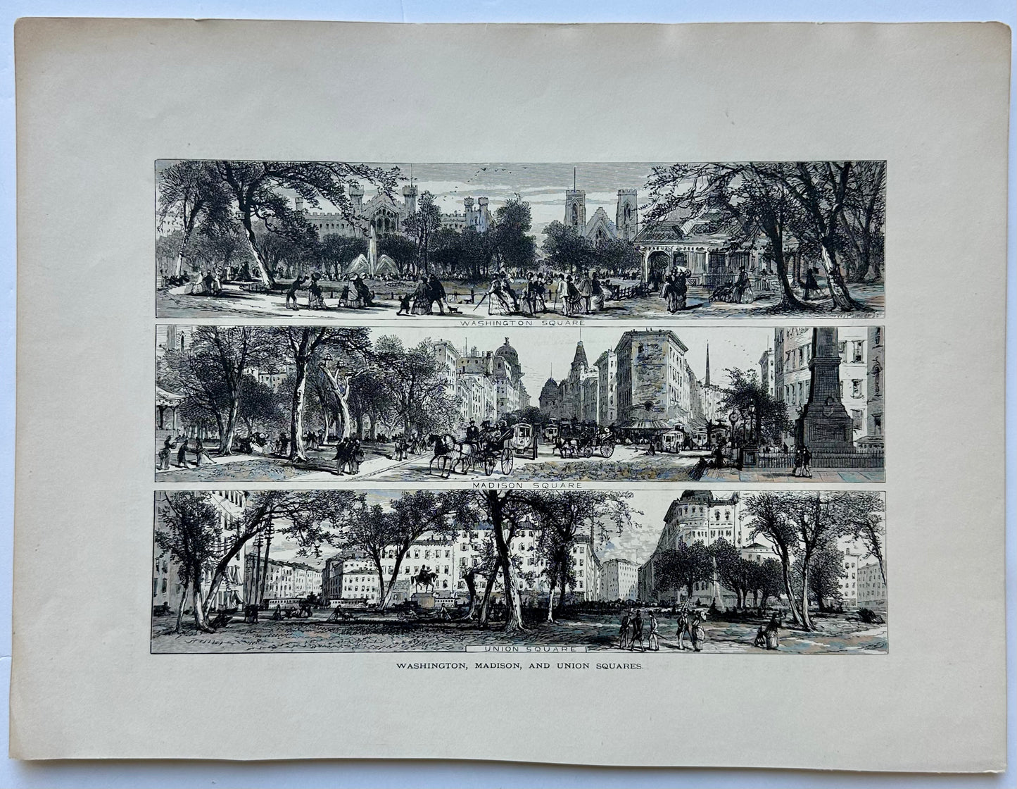 Washington, Madison, and Union Squares in New York City, Original Print, 1874