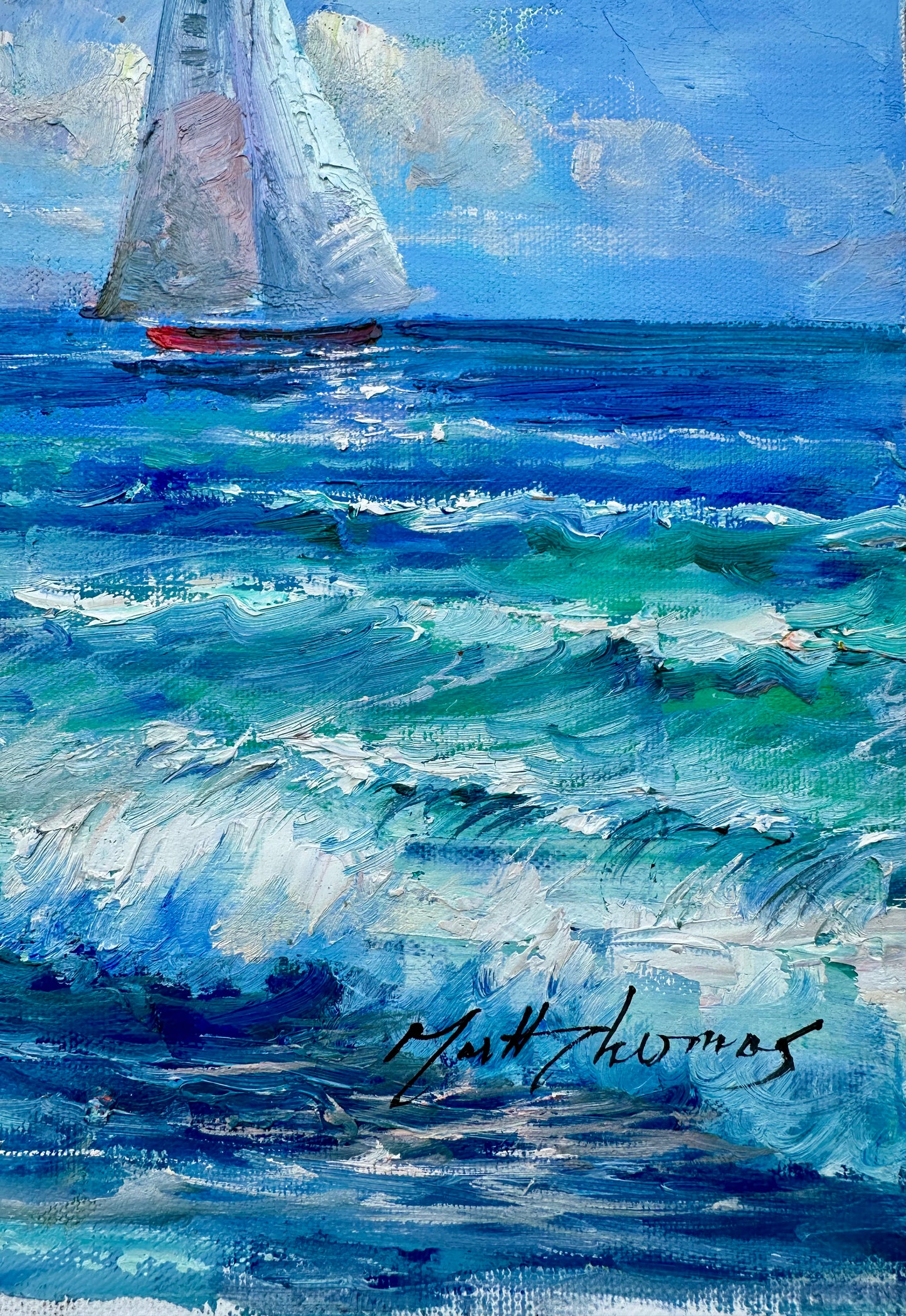 Sailboat Seascape Beach Scene Oil Painting on Canvas, Unstretched, by Matt Thomas