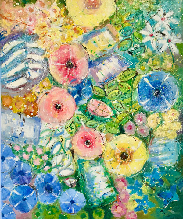 Modern Abstract Floral Painting on Canvas, by Youn Cho (20" x  24")