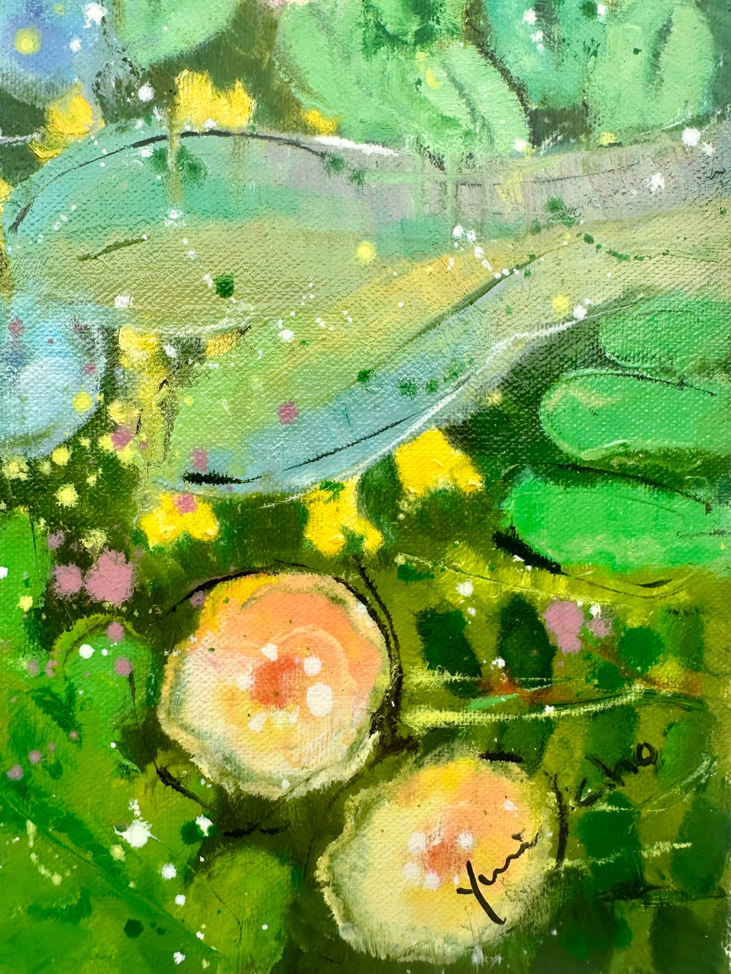 Vibrant Abstract Floral Painting on Canvas, Unstretched, by Youn Cho