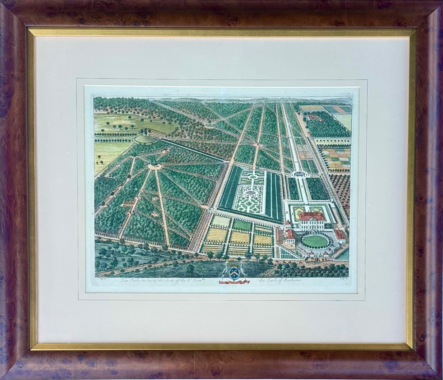 New Park Surrey, Seat of the Earl of Rochester by Johannes Kip, Original Print, circa 1712 (custom framed)