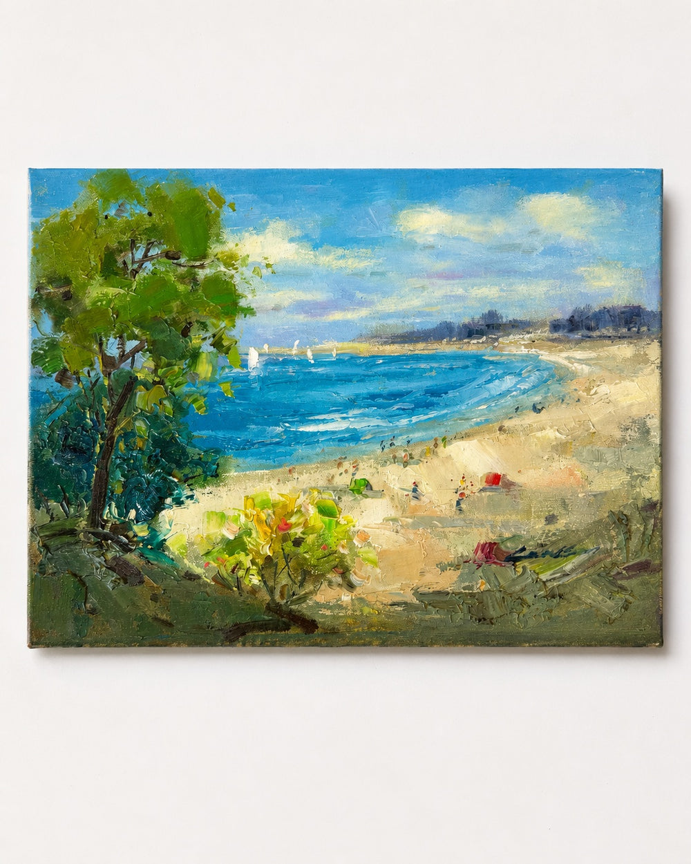 Beach Coastal Scene Sailboats Oil Painting on Canvas by Lambdom