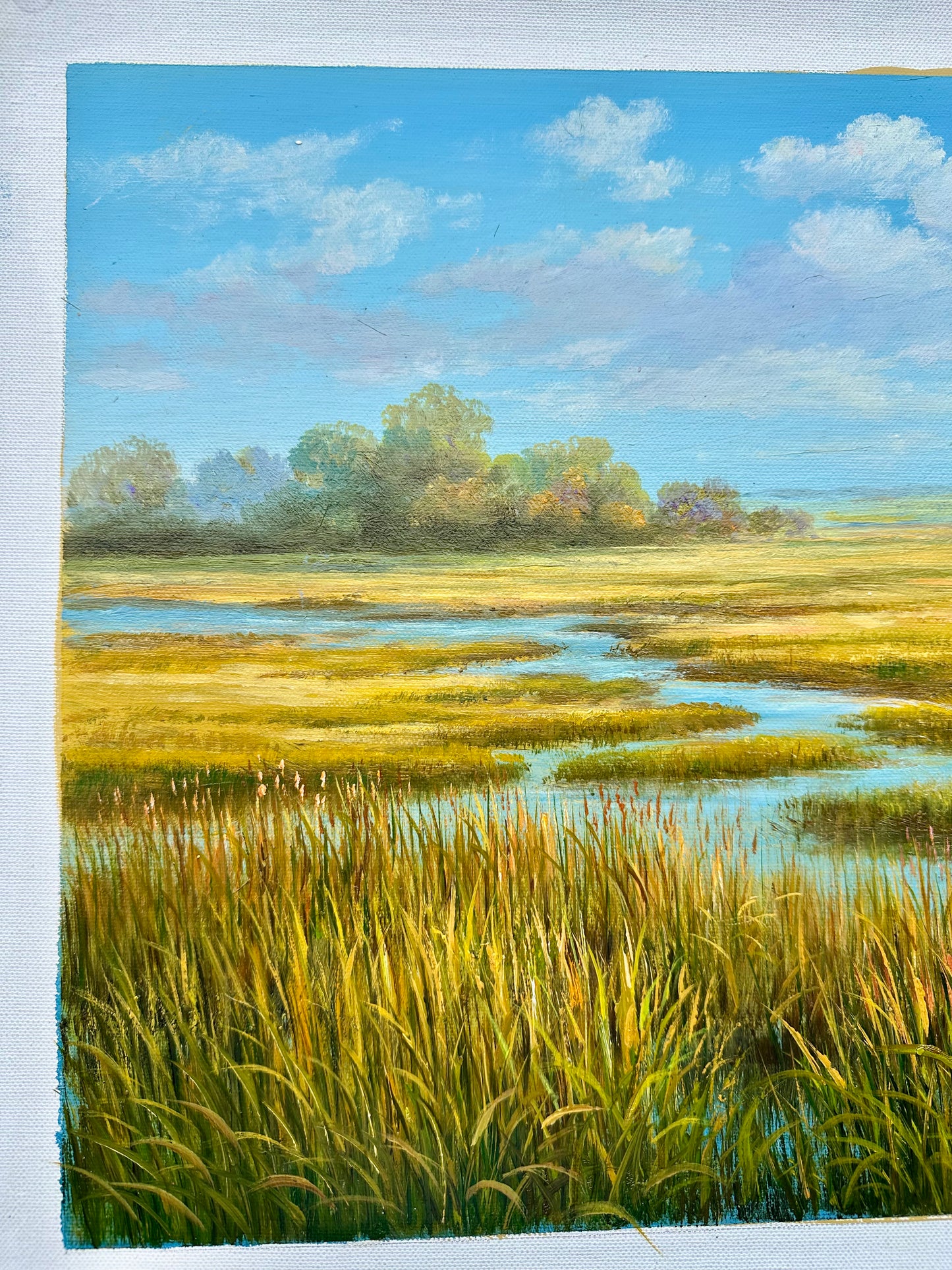 Coastal Winding Blue Marsh Golden Landscape Oil Painting on Canvas, Unstretched, by Humprey