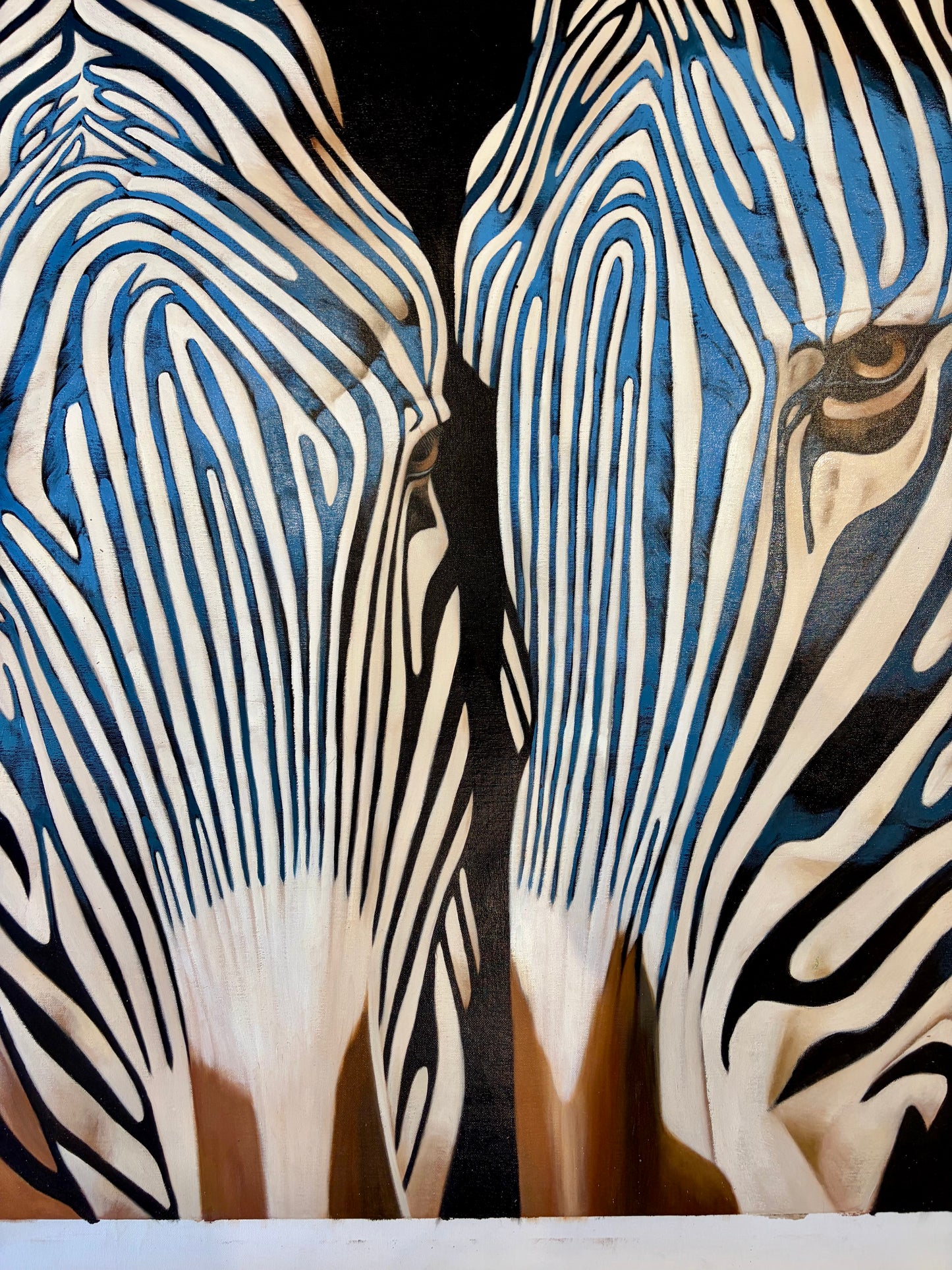 Contemporary Blue Zebra Double Portrait Painting – Original Oil by P. Charles on Unstretched Canvas, 40" x 40"