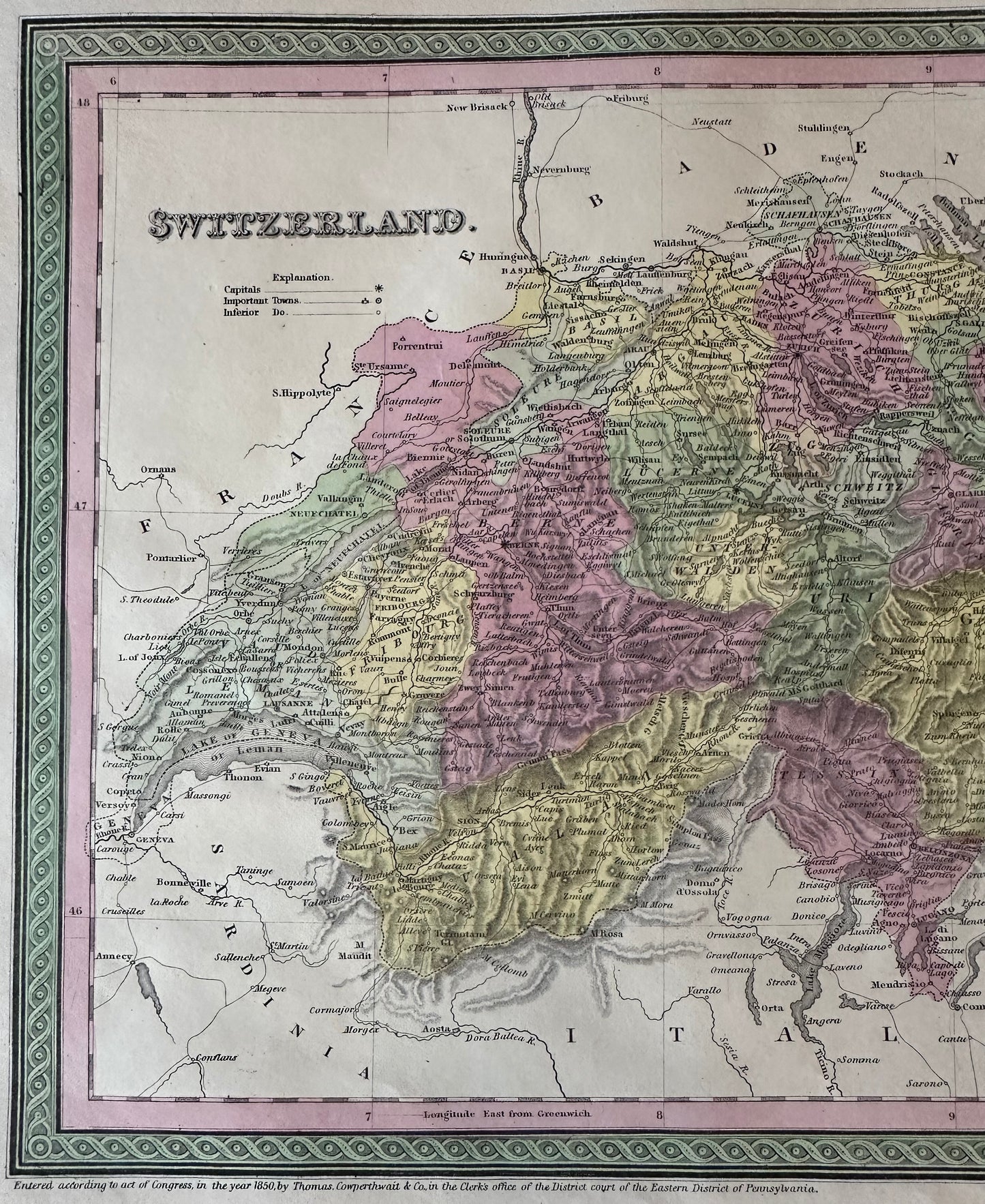 Switzerland Original Map by Mitchell, 1846
