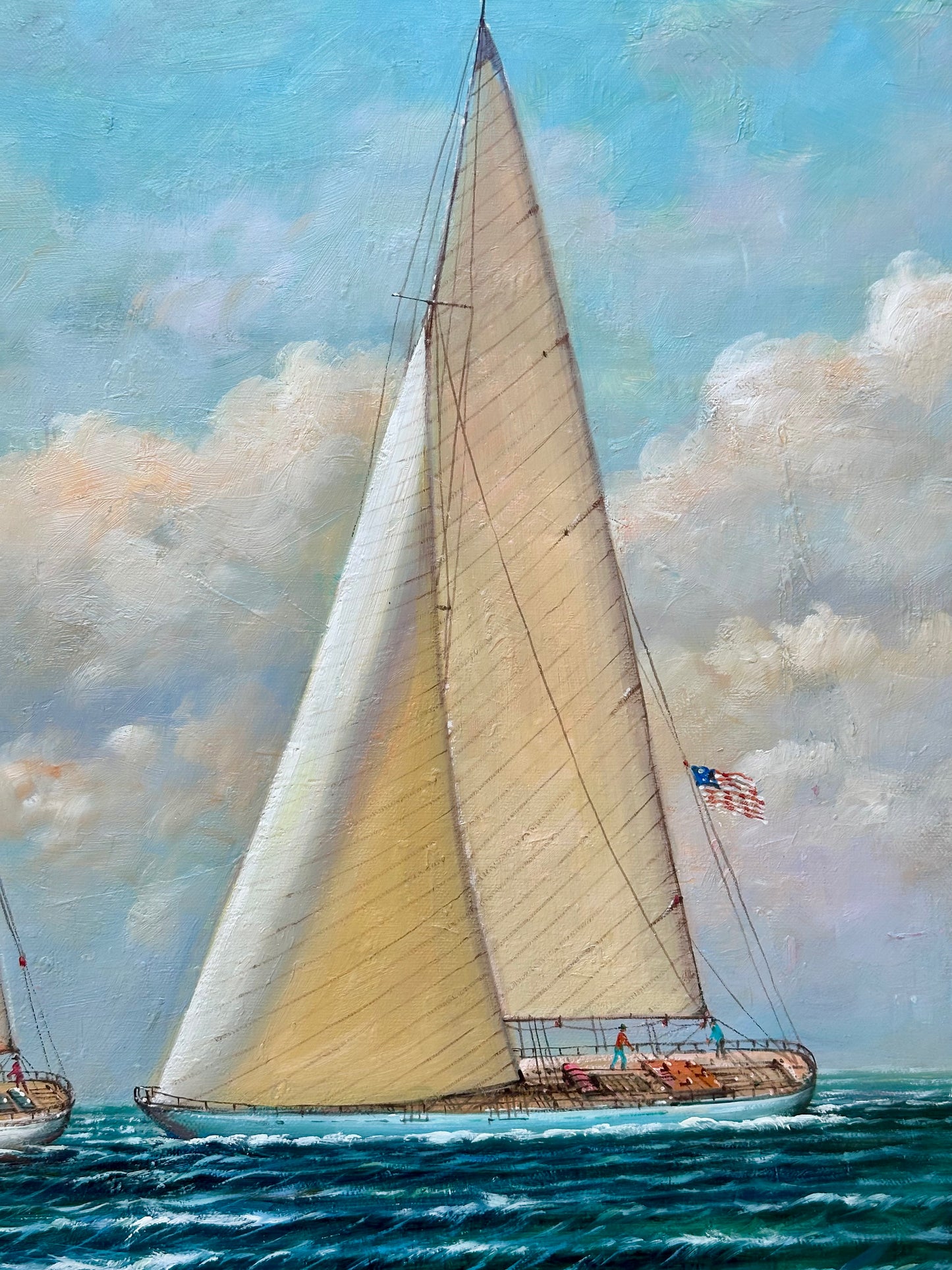 Yacht Racing Sailing Seascape Oil Painting on Canvas, Unstretched, by D. Tayler