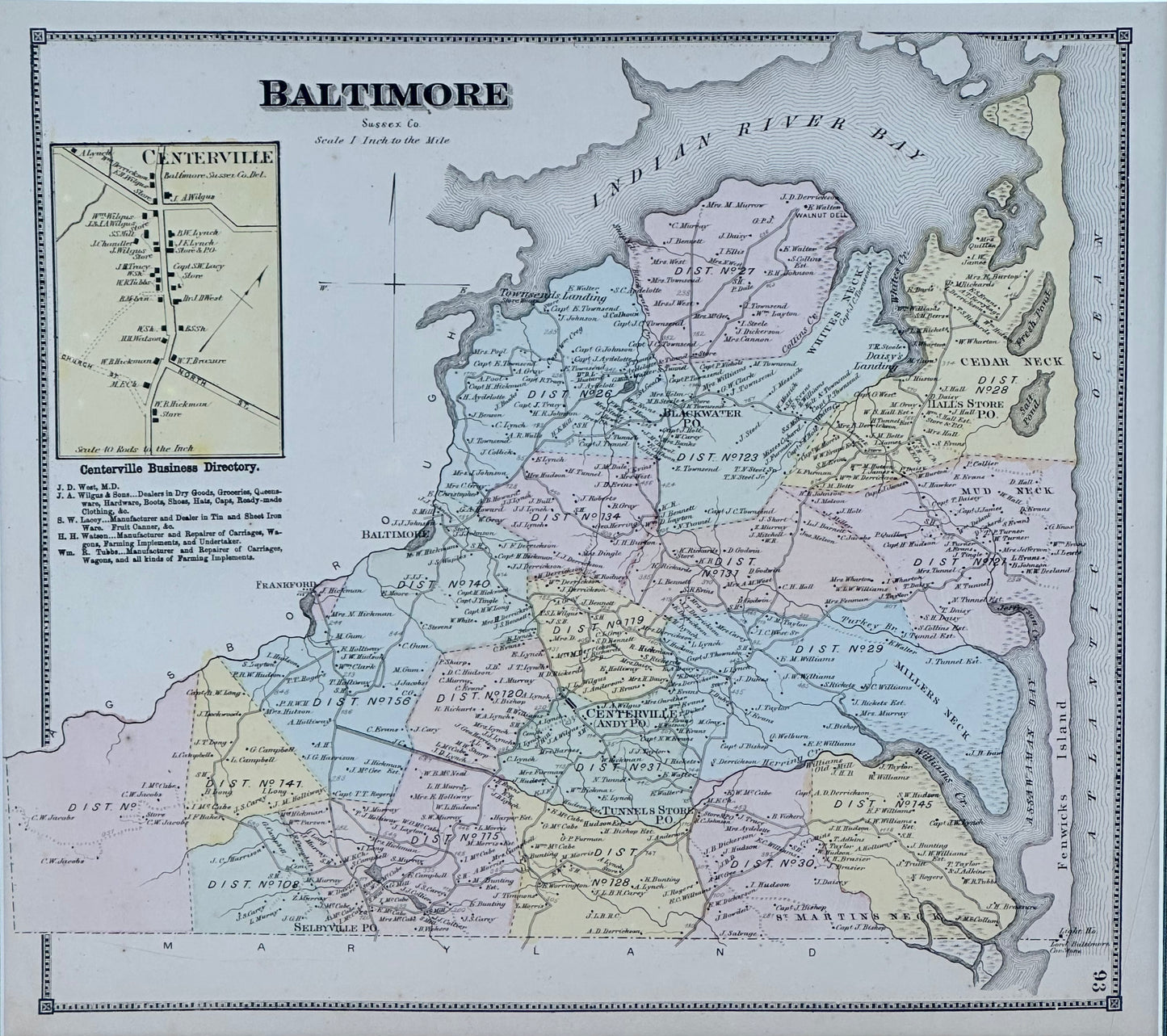 Baltimore Hundred in Sussex County, Delaware, Print from Beer's & Pomeroy, Framed