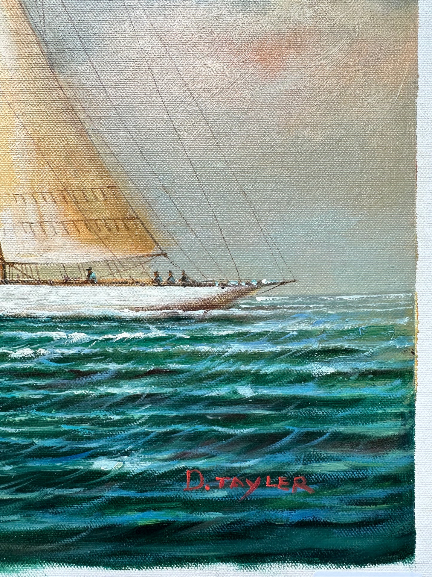Schooner Yacht Racing Sailing Seascape Oil Painting on Canvas, Unstretched, by D. Tayler