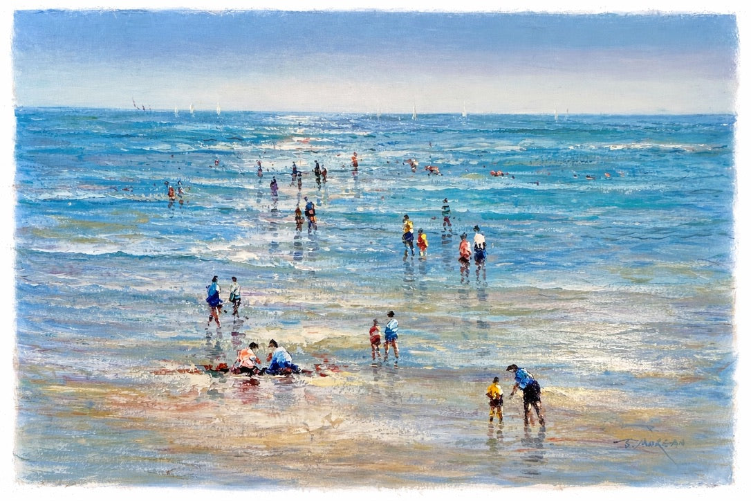 Beach Day Ocean Scene with Figures in Surf, Original Painting By J. Morgan