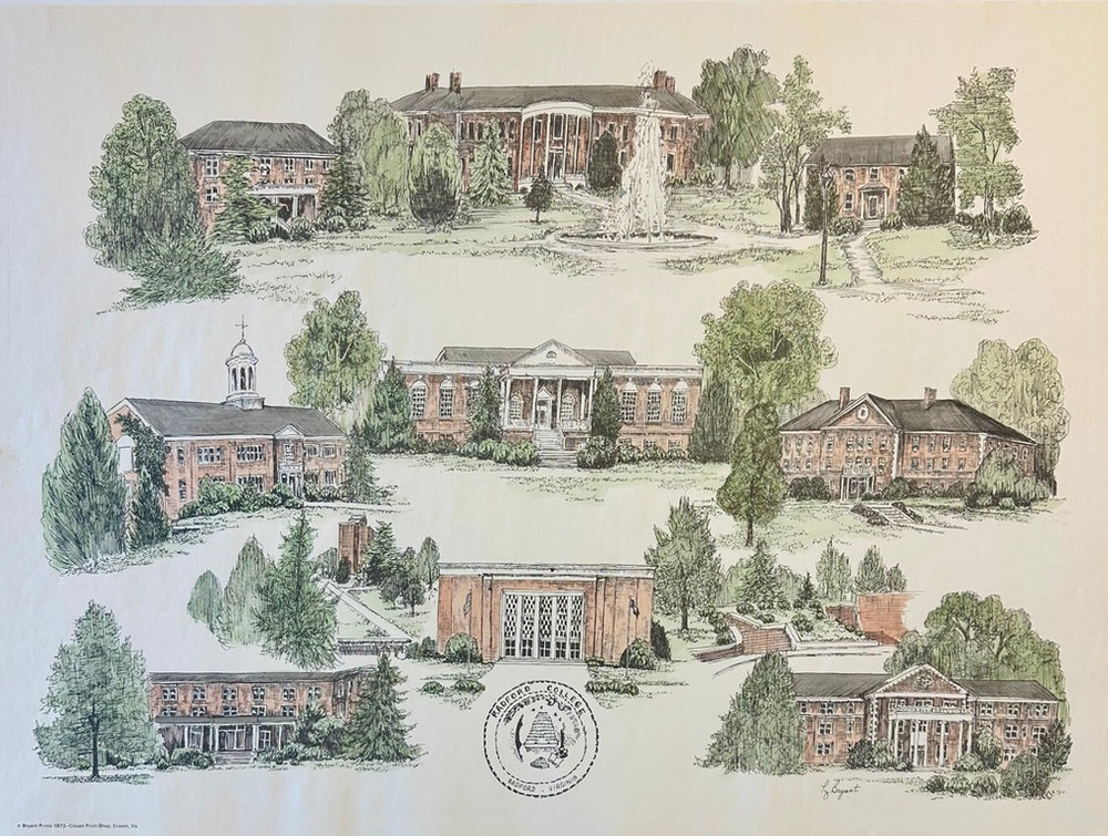Radford University Virginia Campus Print by Liz Bryant – Hand-Colored Architectural Illustration, 24” x 18”