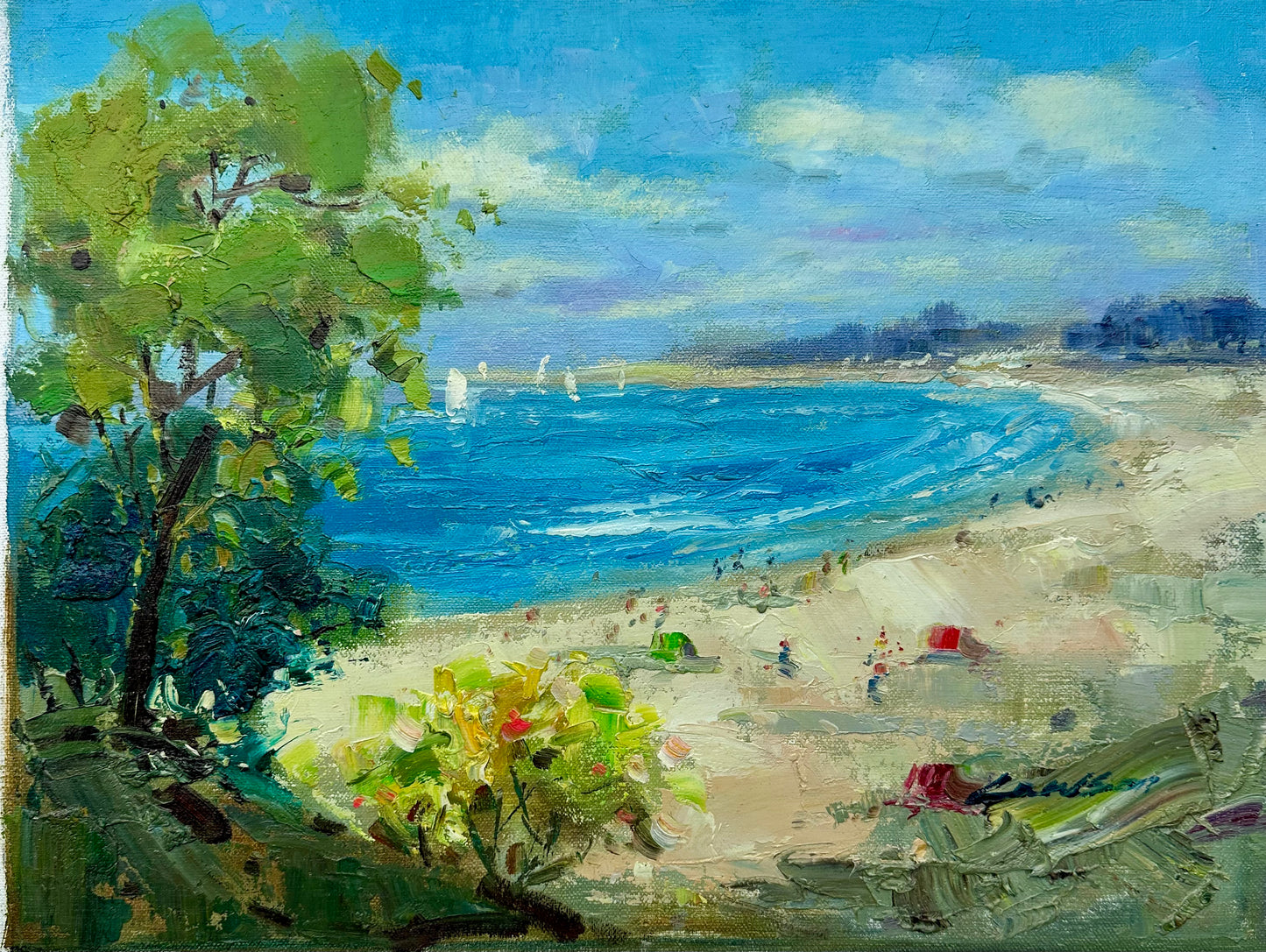 Beach Coastal Scene Sailboats Oil Painting on Canvas, Unstretched, by Lambdom