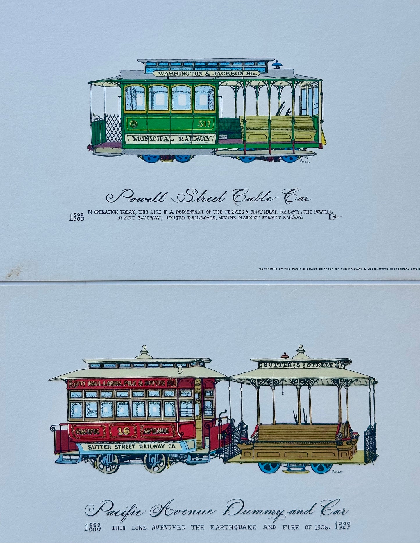 Set of 10 Vintage San Francisco Cable Car & Streetcar Lithograph Prints — Railway & Locomotive Historical Society