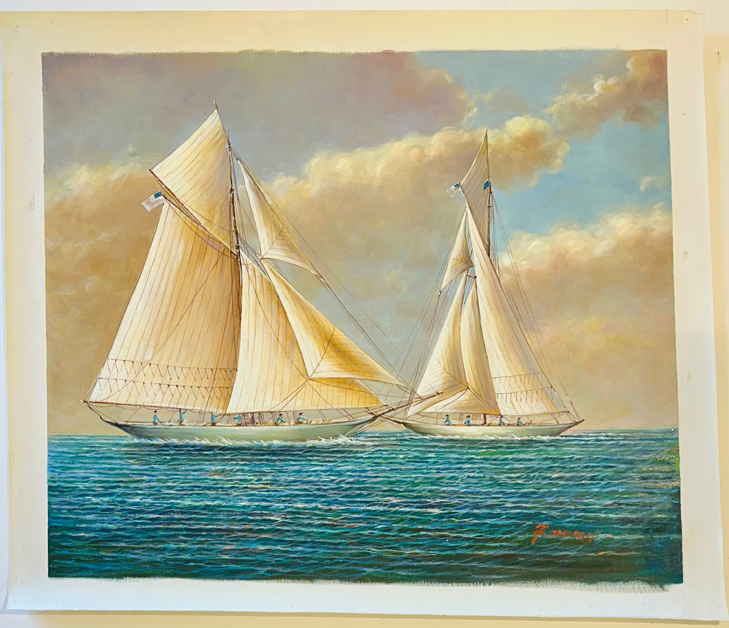 Original Nautical Oil Painting of Racing Schooners by F. Tailroy – Yacht Seascape – 20" x 24" Unstretched Canvas