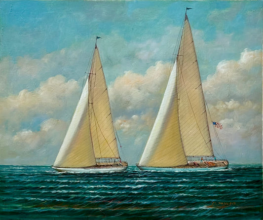 Yacht Racing Sailing Seascape Oil Painting on Canvas, Unstretched, by D. Tayler