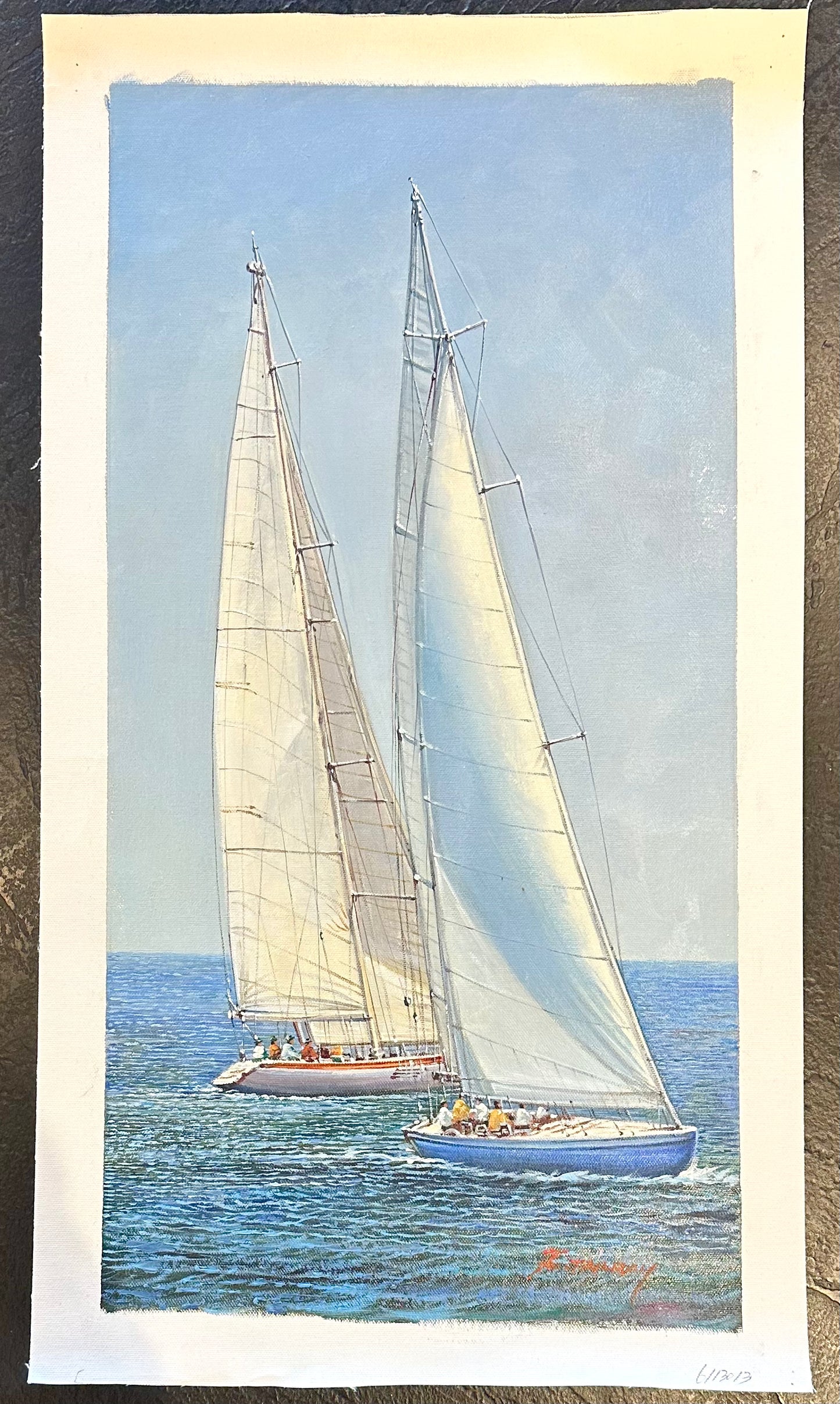 Sailboat Racing Nautical Yacht Scene  – Original vertical painting by Tailroy, unstretched (12.5" x 25")