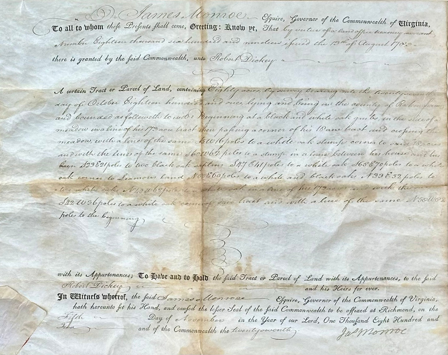 James Monroe Signed Virginia Governor Land Grant Document Autograph, c.1800 — Rockingham County
