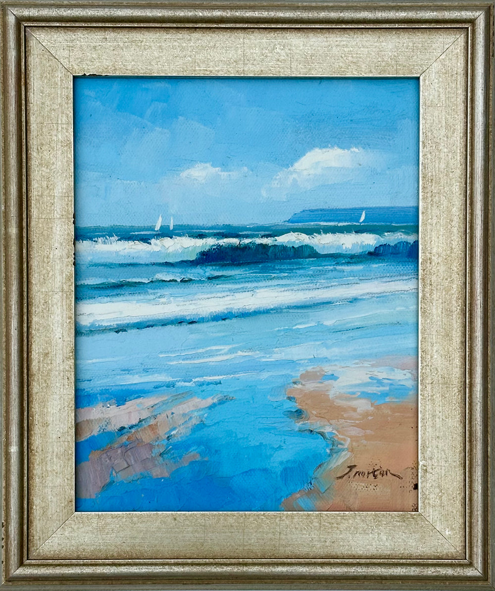 Coastal Seascape Beach & Sailboats Oil Painting Including an Antiqued Silver Wood Frame