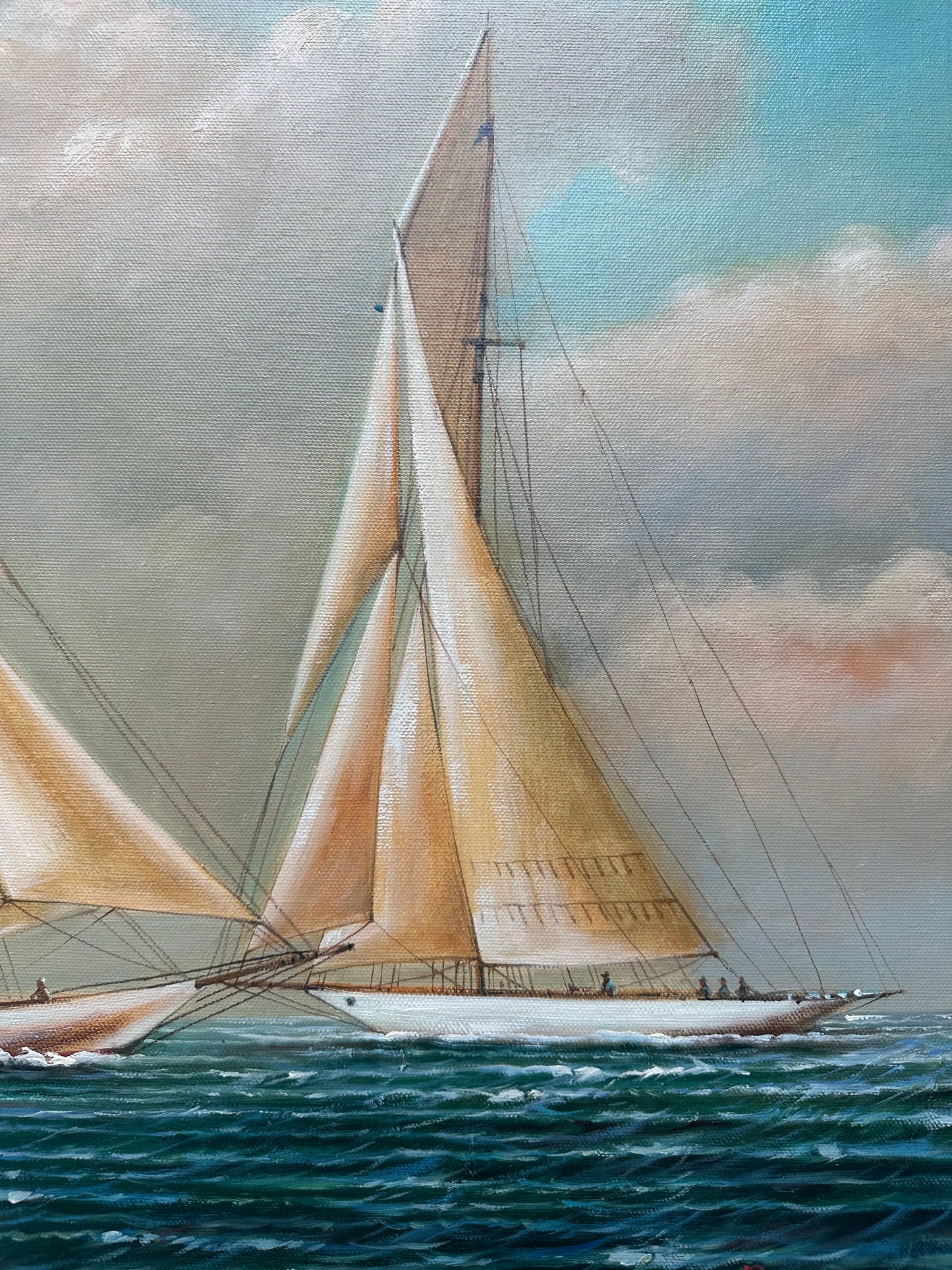 Schooner Yacht Racing Sailing Seascape Oil Painting on Canvas, Unstretched, by D. Tayler