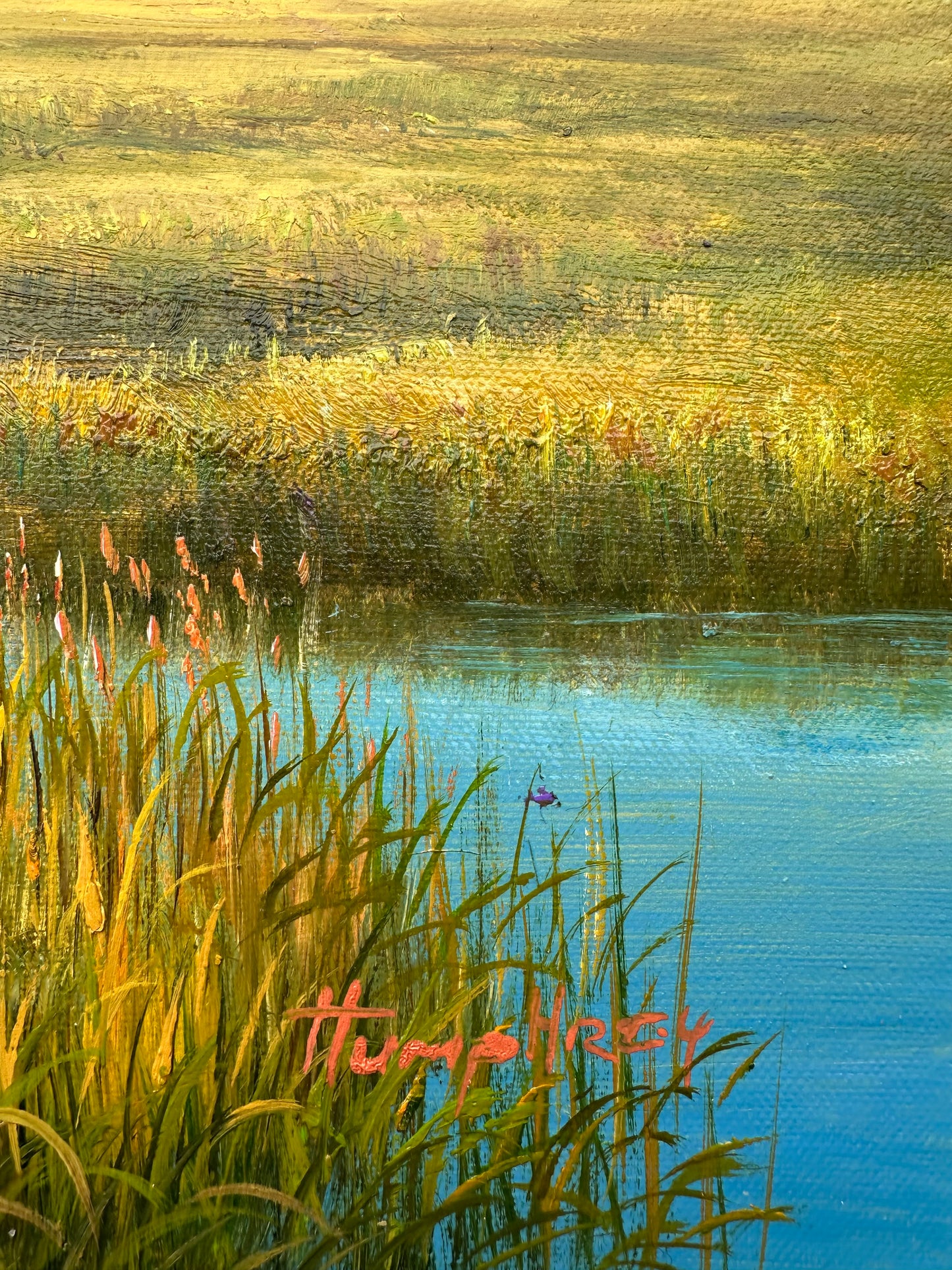 Coastal Winding Blue Marsh Golden Landscape Oil Painting on Canvas, Unstretched, by Humprey