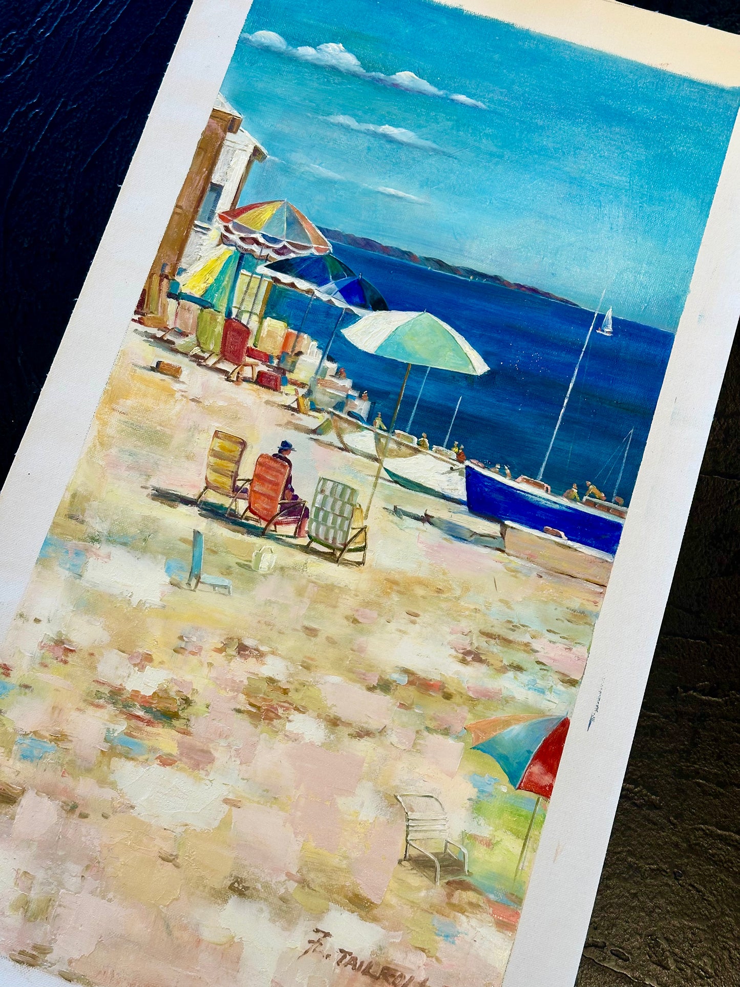 Coastal Beach Scene with Umbrellas Boats – Original vertical painting by Tailroy, unstretched (12.5" x 25")