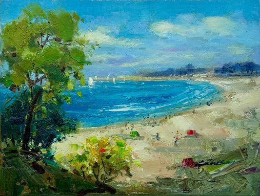 Beach Coastal Scene Sailboats Oil Painting on Canvas, Unstretched, by Lambdom
