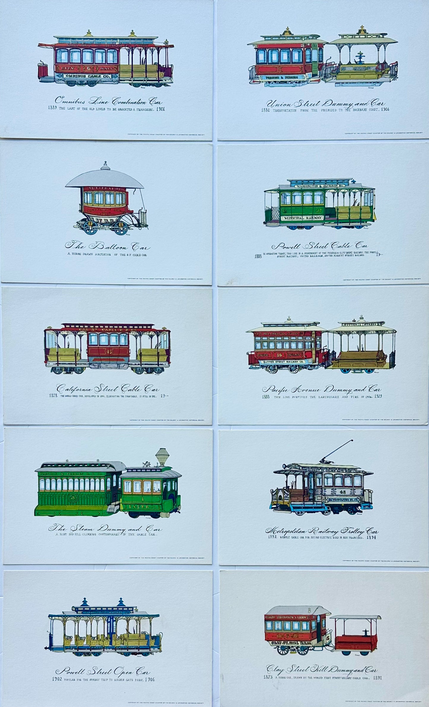 Set of 10 Vintage San Francisco Cable Car & Streetcar Lithograph Prints — Railway & Locomotive Historical Society
