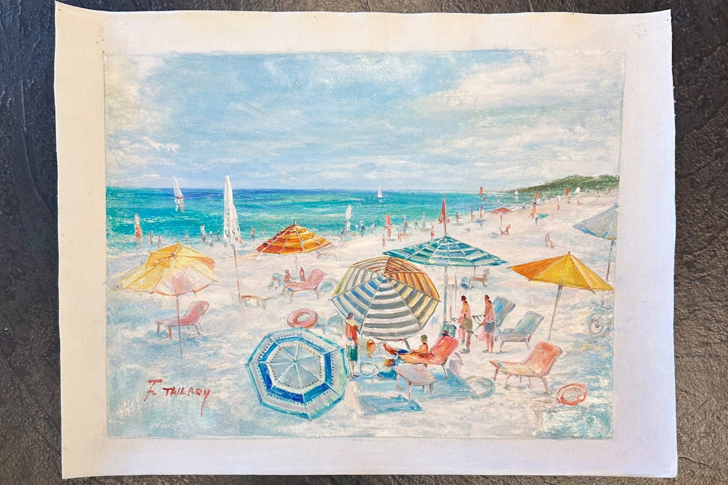 Original Beach Seascape Oil Painting – Colorful Umbrellas Coastal by Tailroy – 12" x 16"