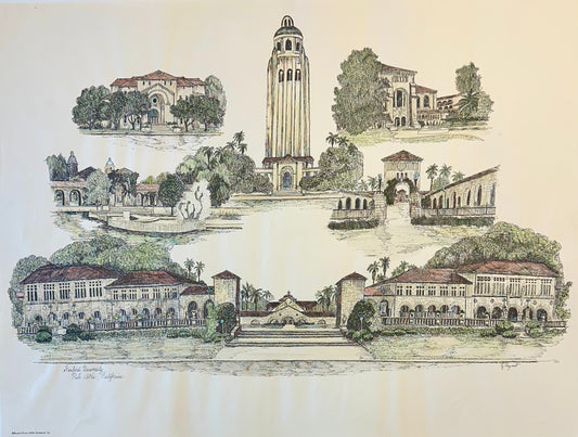 Stanford University Palo Alto, California Campus Print by Liz Bryant – Hand-Colored Architectural Illustration, 24” X 18”