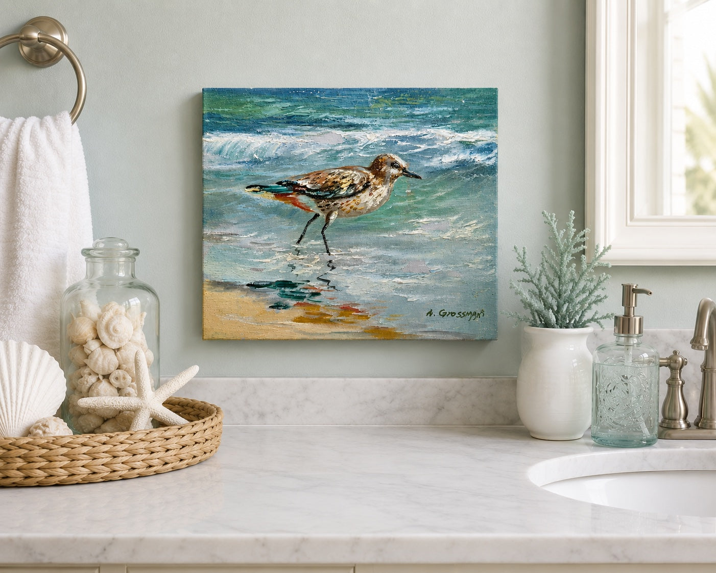 Coastal Sandpiper Oil Painting on Canvas by A. Grossman, 8 x 10"