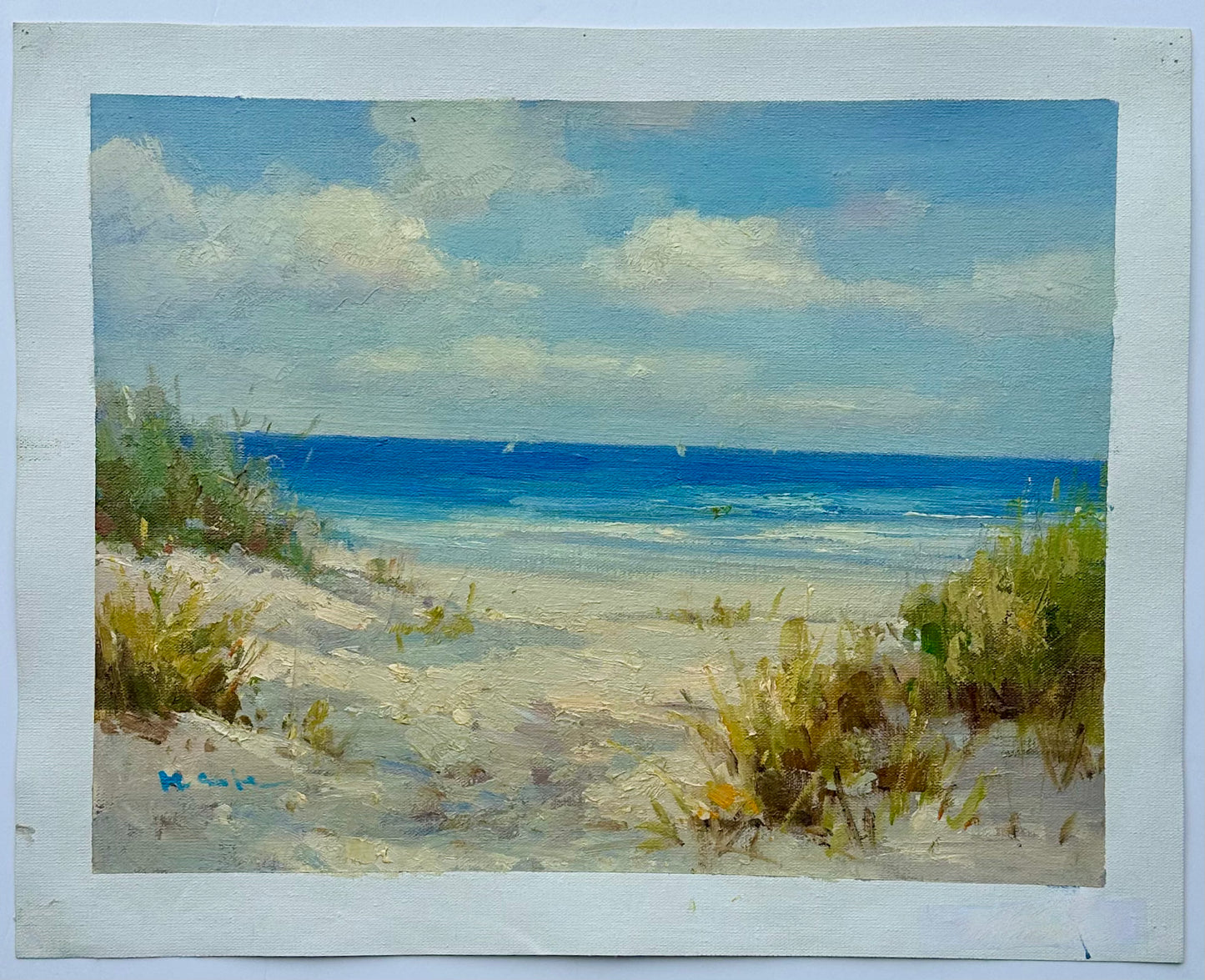 Coastal Beach Dune Seascape Oil Painting on Canvas, Unstretched, by H. Cole