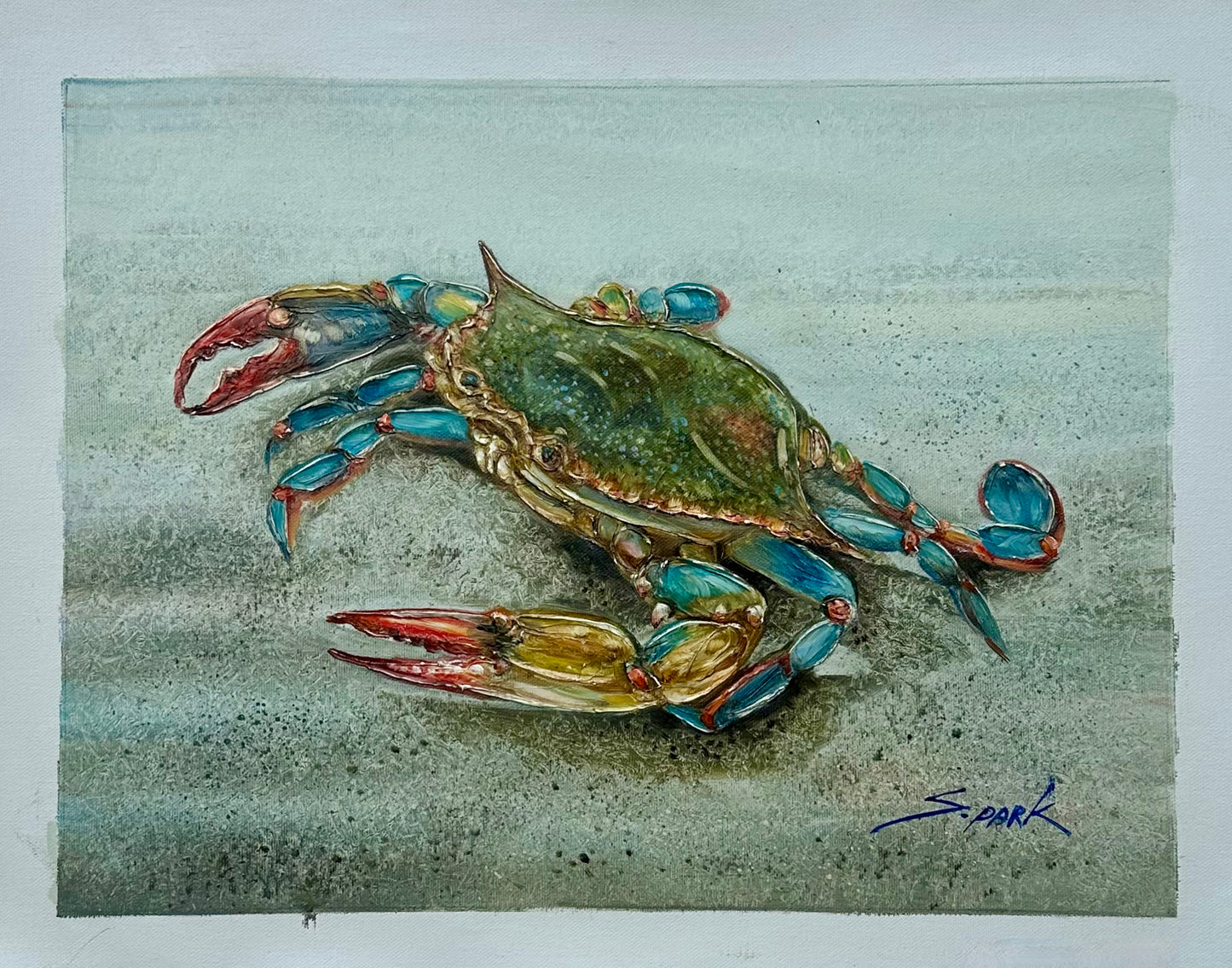 Blue Crab Coastal Oil Painting on Canvas, Unstretched, by S. Park