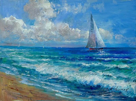 Sailboat Seascape Beach Scene Oil Painting on Canvas, Unstretched, by Matt Thomas