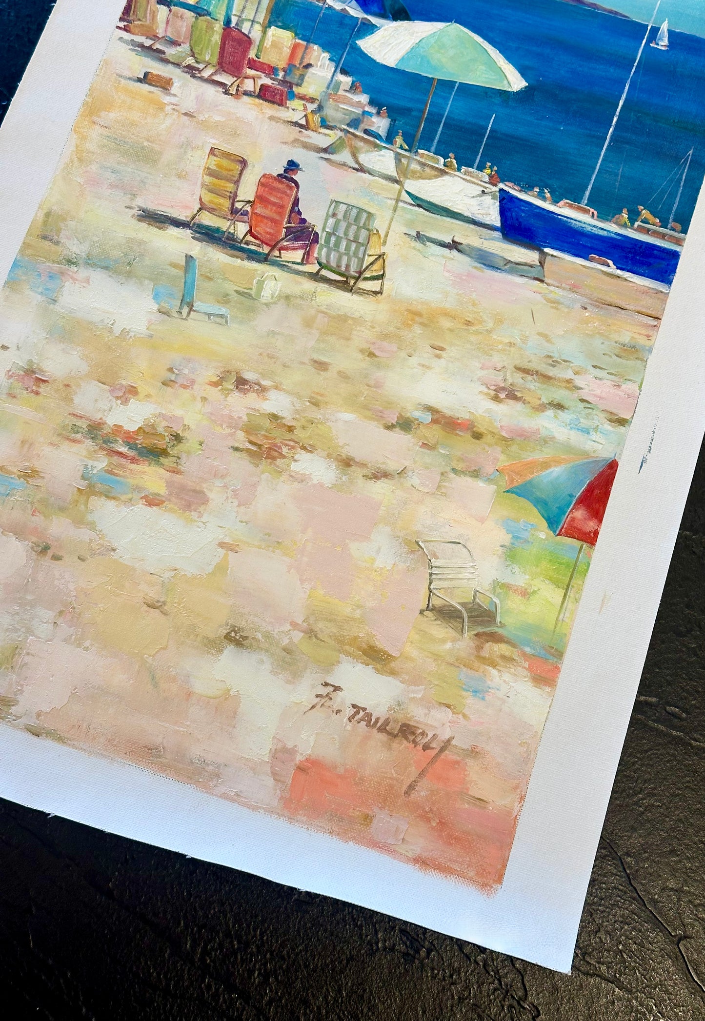 Coastal Beach Scene with Umbrellas Boats – Original vertical painting by Tailroy, unstretched (12.5" x 25")