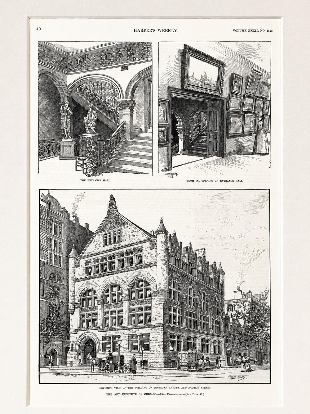 Art Institute of Chicago, Michigan Avenue and Monroe Street Original Print, 1880