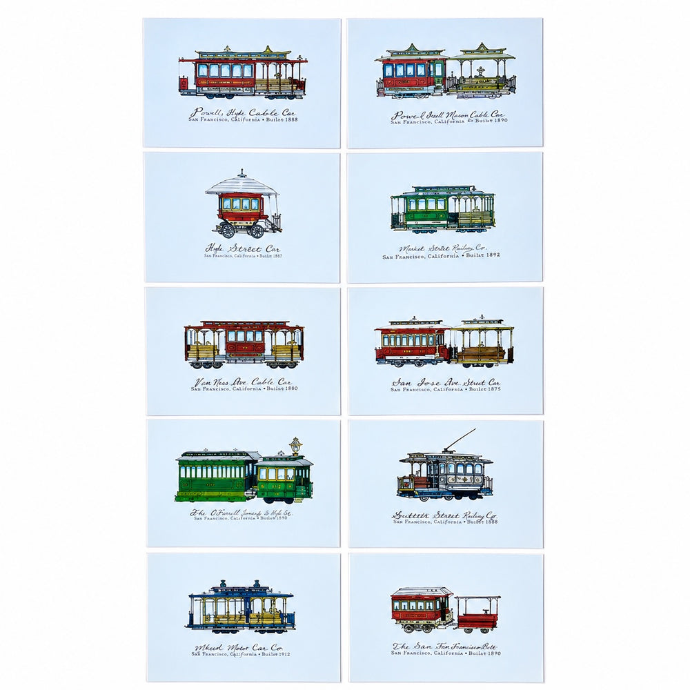 Vintage San Francisco Cable Car & Streetcar Lithograph — Set of 10 Prints