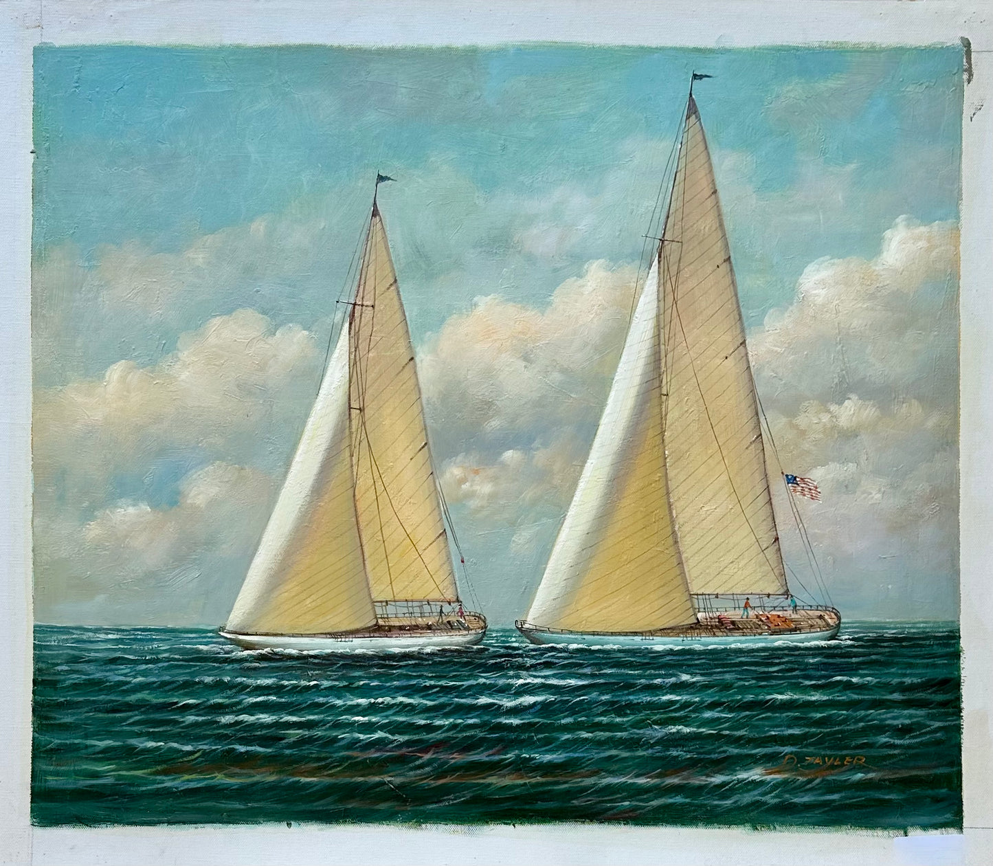 Yacht Racing Sailing Seascape Oil Painting on Canvas, Unstretched, by D. Tayler