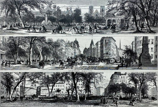 Washington, Madison, and Union Squares in New York City, Original Print, 1874