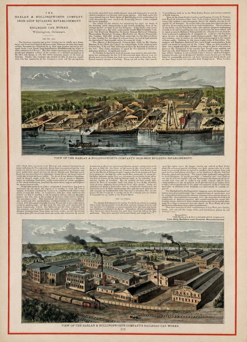 Harlan & Hollingsworth Shipbuilding & Railroad, Wilmington Riverfront Delaware – Antique Steel Engraving, 1890