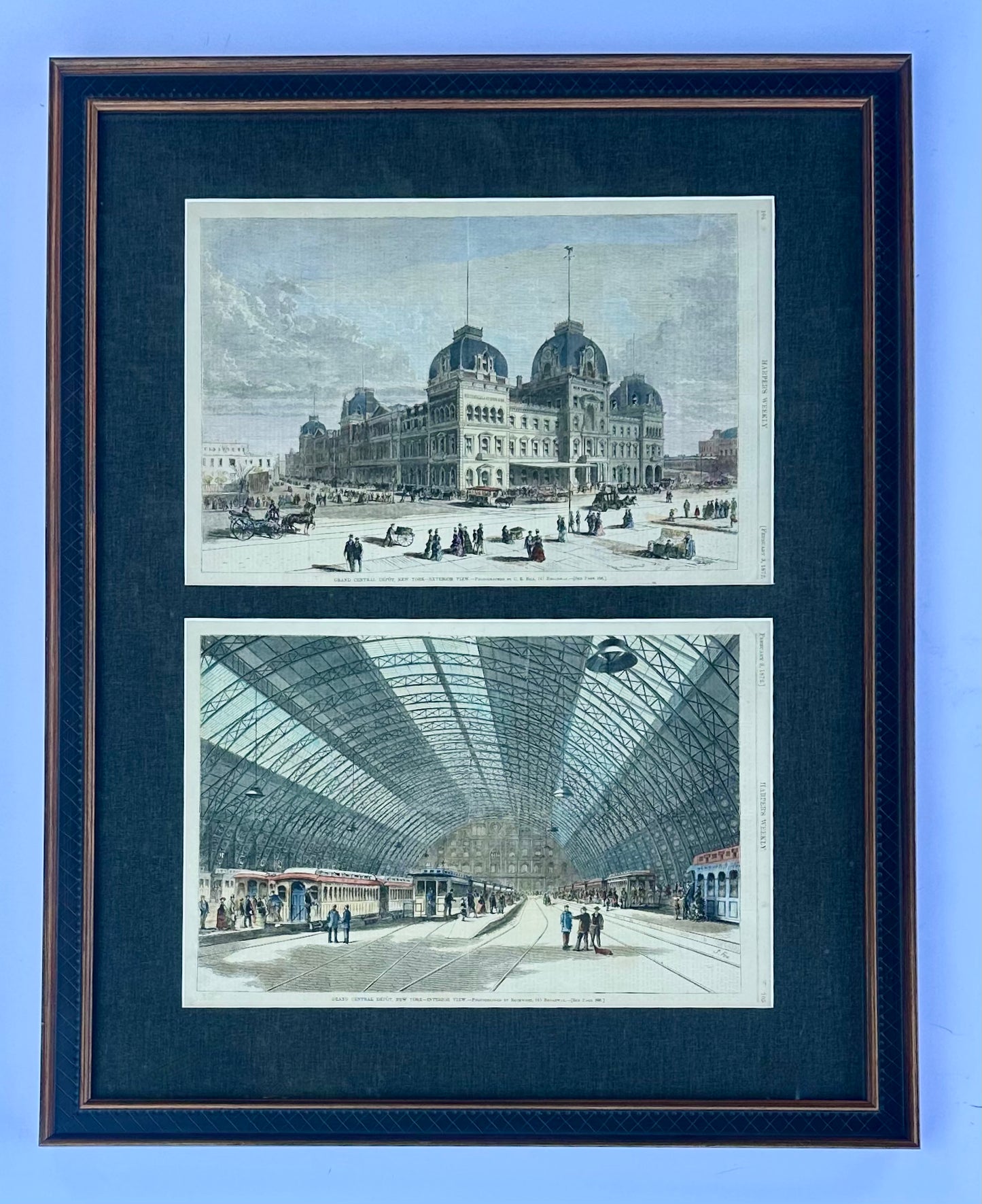 Grand Central Station New York City Framed Pair of Prints (Interior & Exterior Views), 1872
