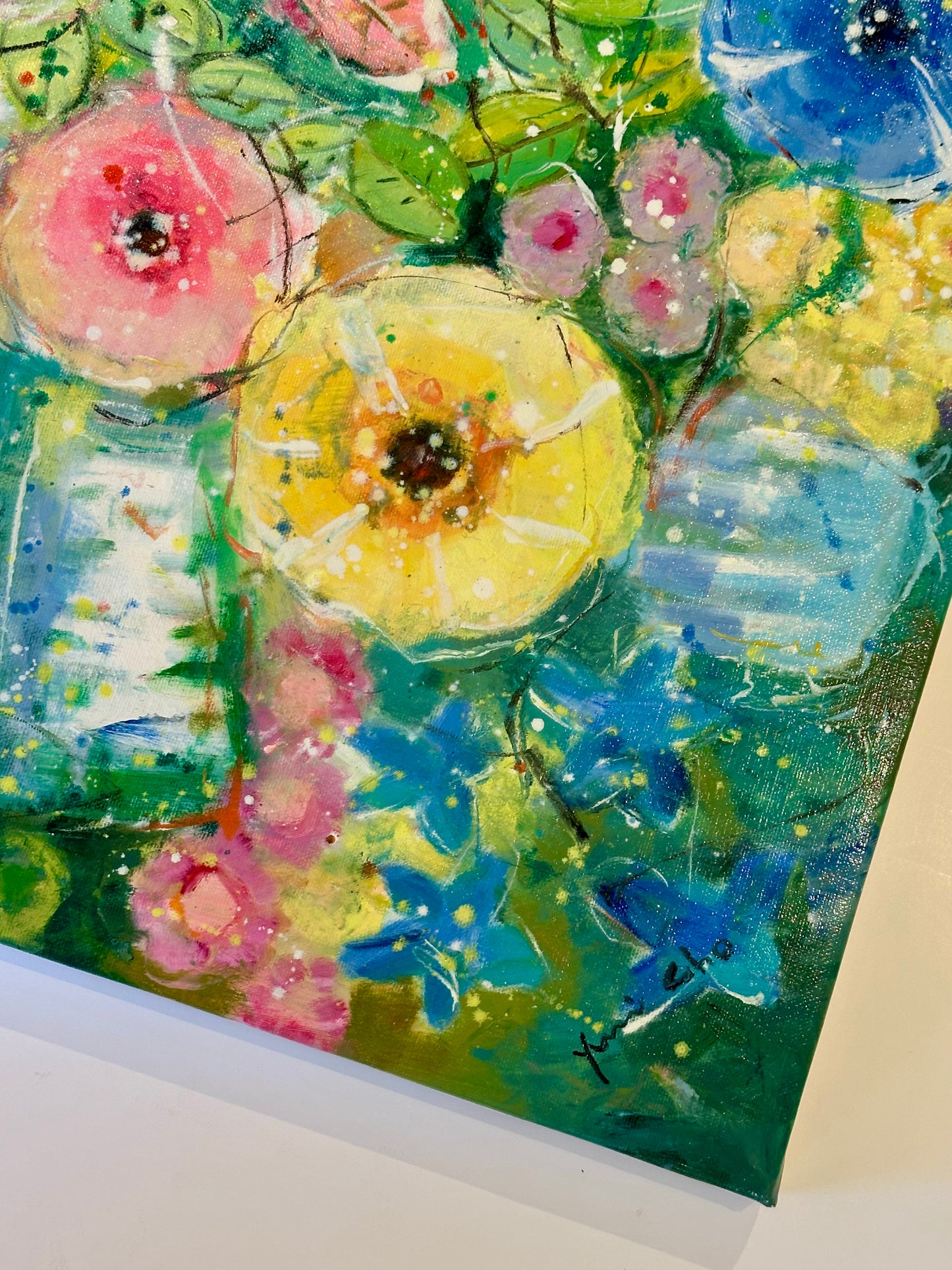 Modern Abstract Floral Painting on Canvas, by Youn Cho (20" x  24")