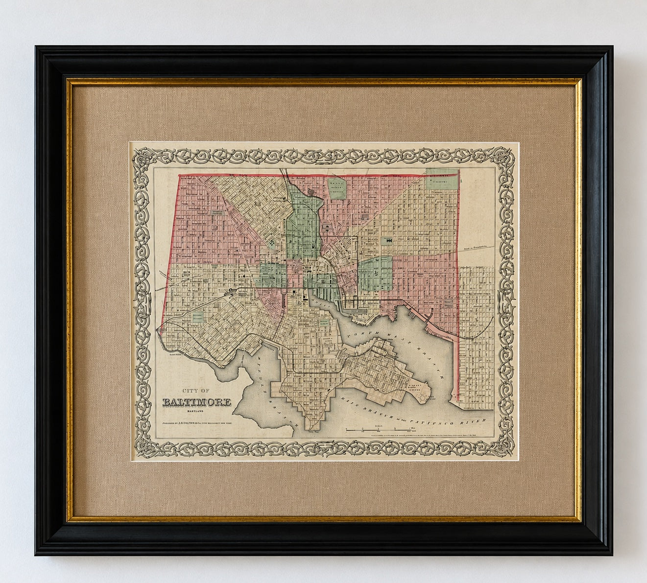 Antique Baltimore, Maryland City Map | Hand-Colored Engraving | Custom Framed