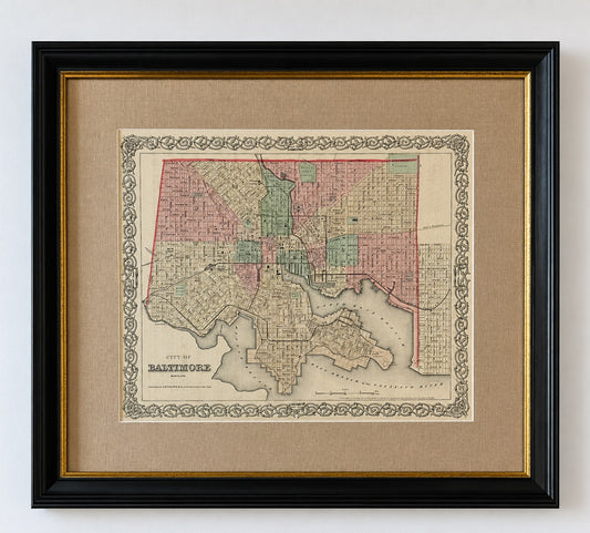 Antique Baltimore, Maryland City Map | Hand-Colored Engraving | Custom Framed